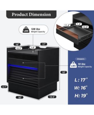 Streamdale Mid Century Nightstand with Charging & LED, 2 Drawers, Bedside/End Table, Black