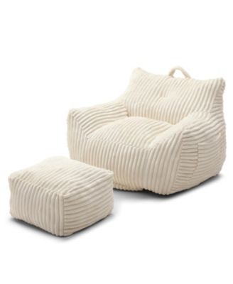  Giant Beige Plush Bean Bag Chair with Footstool