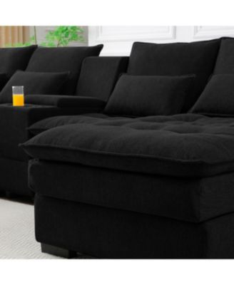 130" U-Shaped Sofa with Console, Cupholders, Sleeper & Chaise (Black)