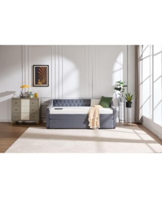  Twin Upholstered Daybed with Trundle, USB, Pockets, Velvet, Button Tufted