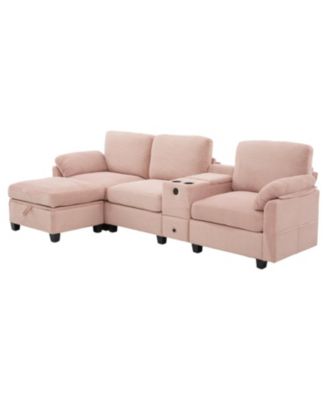 L-Shape Corduroy Sofa- 4-Seater, USB, Storage, Console & Ottoman