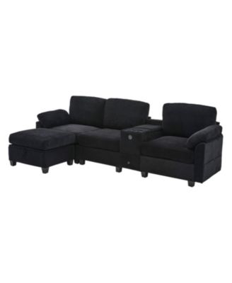 L-Shape Corduroy Sofa- 4-Seater, USB, Storage, Console & Ottoman