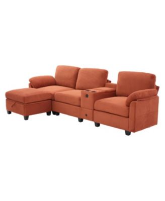 L-Shape Corduroy Sofa- 4-Seater, USB, Storage, Console & Ottoman