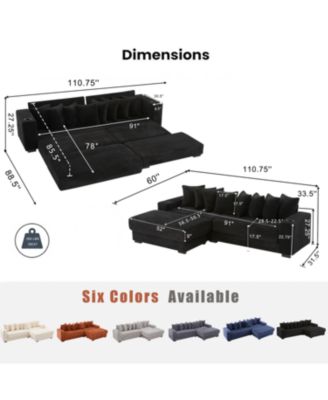 Corduroy L-Shaped Sectional Sofa Bed with Ottoman, Pillows & Cup Holders - Black