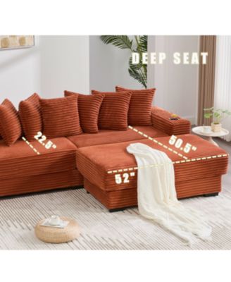 Corduroy L-Shaped Sectional Sofa Bed w/ Footstool, Pillows & Cup Holders