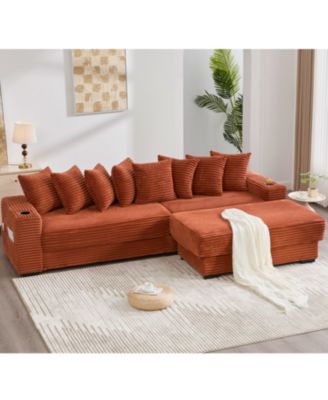 Corduroy L-Shaped Sectional Sofa Bed w/ Footstool, Pillows & Cup Holders