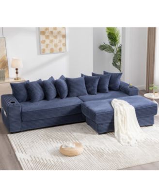 Corduroy L-Shaped Sectional Sofa with Ottoman, Pillows, & Cup Holders - Blue