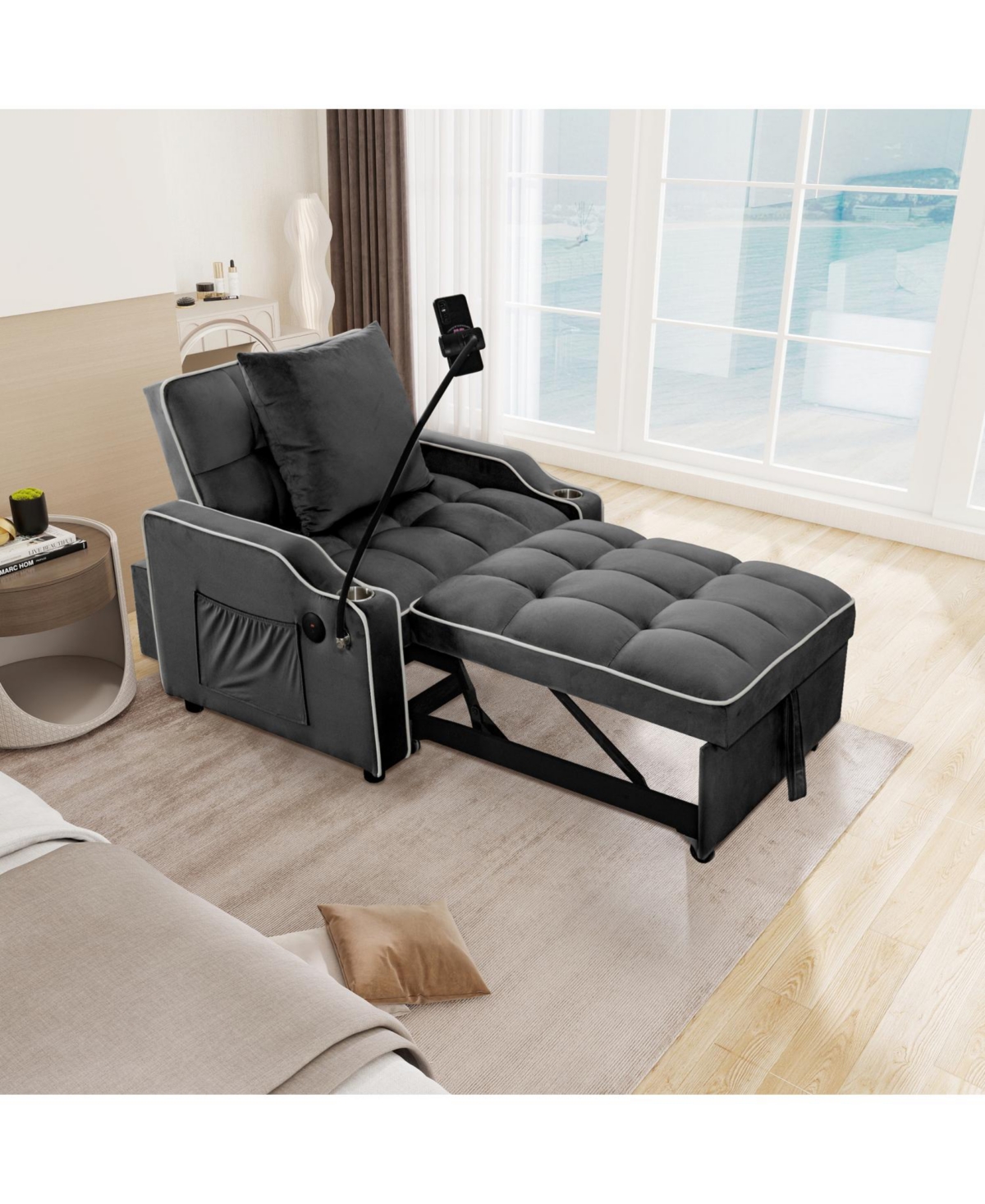 Streamdale Convertible Velvet Futon Sleeper Chair Bed w/ Usb & Phone Holder (Black)