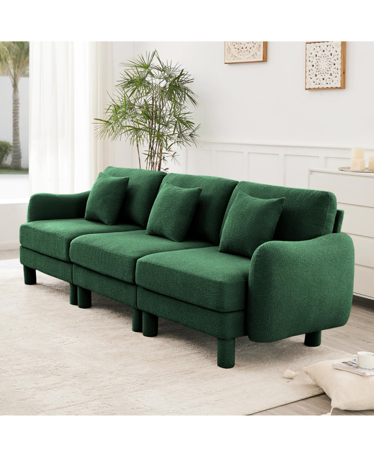 Streamdale Furniture Green Boucle 3-Seater Sofa with Shell Armrests