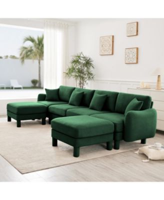 Boucle U-Shape Sectional Sofa with Ottomans, Shell Armrests, Green