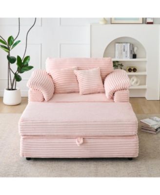 Corduroy Armchair + Storage Stool Set w/ USB - Pink