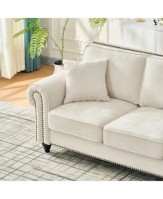  63" Modern Chenille Sofa - Rolled Arms, Nailhead Trim - Beige