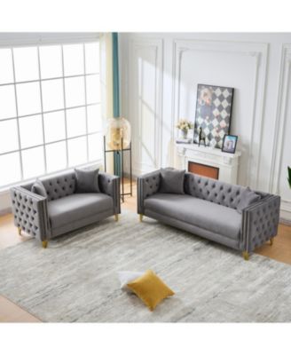 Chesterfield Velvet Sofa, 3+2-Seater, Button Nailhead, Grey