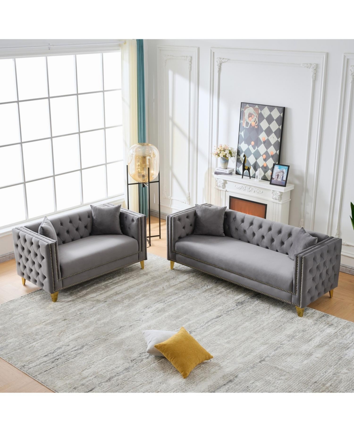 Streamdale Furniture Chesterfield Velvet Sofa, 3+2-Seater, Button Nailhead, Grey