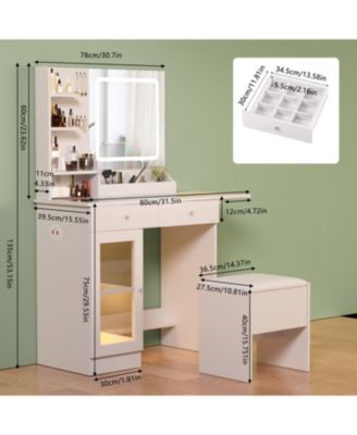 Vanity Desk with Lighted Mirror, USB Power, Drawers & Cabinet (White)