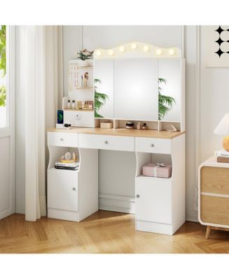 Vanity Desk with Lighted Mirror, USB Power, Drawers & Cabinets (White)