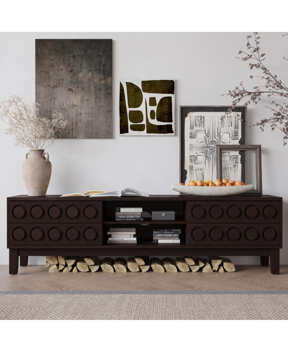 Streamdale Furniture Mid-Century Media Console - 75" Tv Stand, 4 Drawers, Cable Management (Dark Brown)