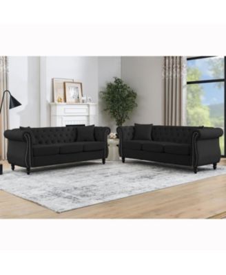 80" Black Velvet Chesterfield Sofa, Tufted 3 Seater Couch