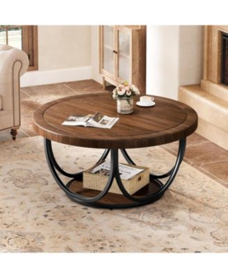 Round Coffee Table with 2 Tiers, 33.5" Wooden Circle Accent Cocktail Table, Industrial Center Tables