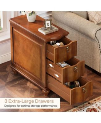 Wood Fully Assembled End Table Set of 2, 3-Drawers Narrow Slim Side Table, No Assembly Required, Nightstand