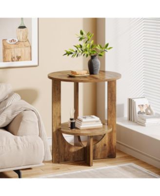 Round End Table with Storage, 2-Tier Tall Side Table for Living Room, Bedroom & Small Spaces