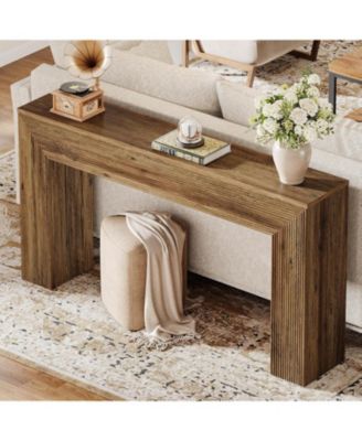63" Console Table, Rustic Fluted Long Sofa Table Behind Couch for Entryway, Living Room, Hallway, Foyer, Brown