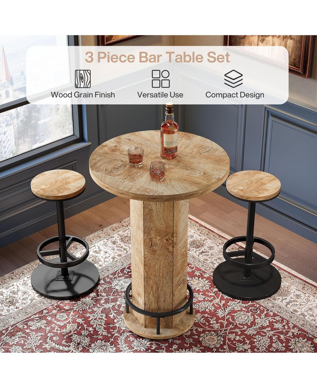Tribesigns Round Bar Table with Chairs, Industrial Bistro Sets with 2 barstools, Pub Cocktail Table