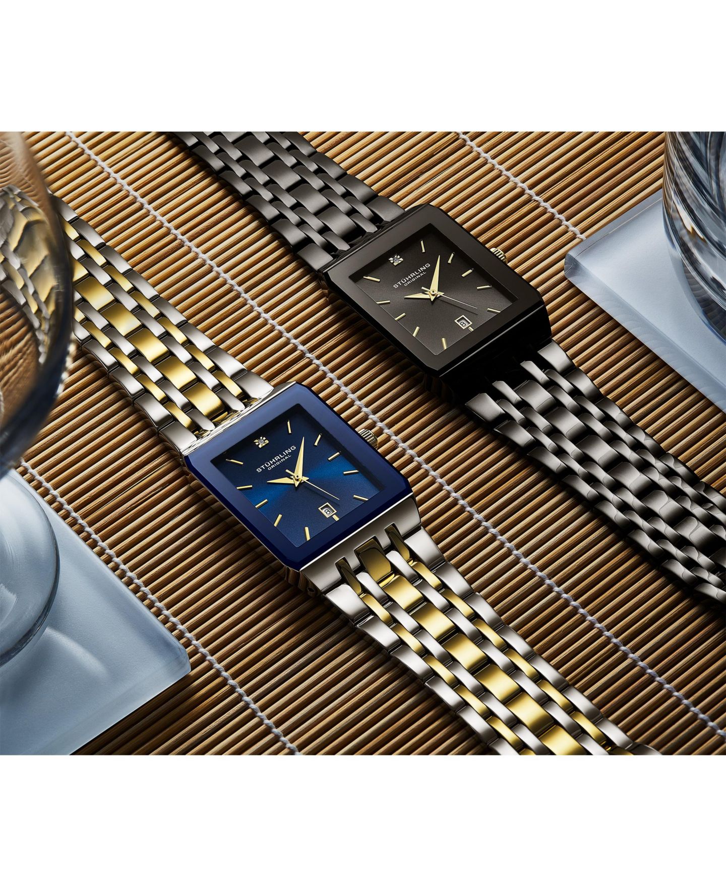 Женские часы Stuhrling Empire Edge Two-Tone 4084 Rectangular Watch - Blue Dial Quartz Date Stainless Bracelet, цвет: Синий — фото 5
