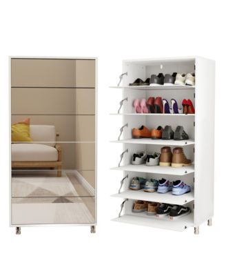 Mirror Shoe Cabinet With 6 Flip Drawers, Mirror Shoe Rack Organizer Store Ample Shoes, Mirror Shoe Storage With 4 Metal Legs,White