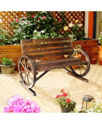 Wooden Wagon Wheel Bench, 2-Person W/ Slatted Seat,