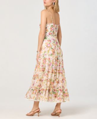 Women's Sweetheart Neck Floral A-Line Tiered Midi Dress