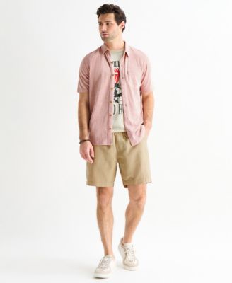 Men's Short-Sleeve Linen Knit Shirt,Rolling Stones Horse Printed T-Shirt, and Twill 7 Inch Linen Pull On Shorts