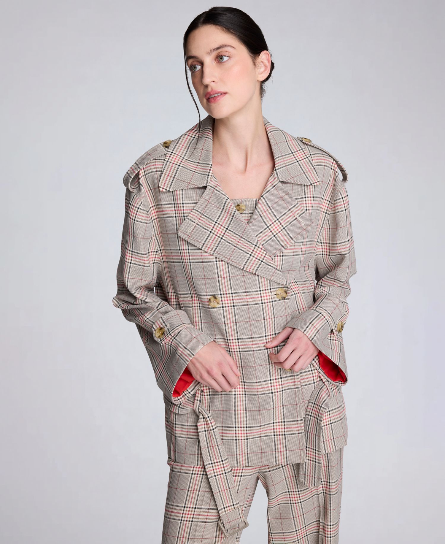 Women's Glen Plaid Button Front Drop Waist Belted Trench Jacket