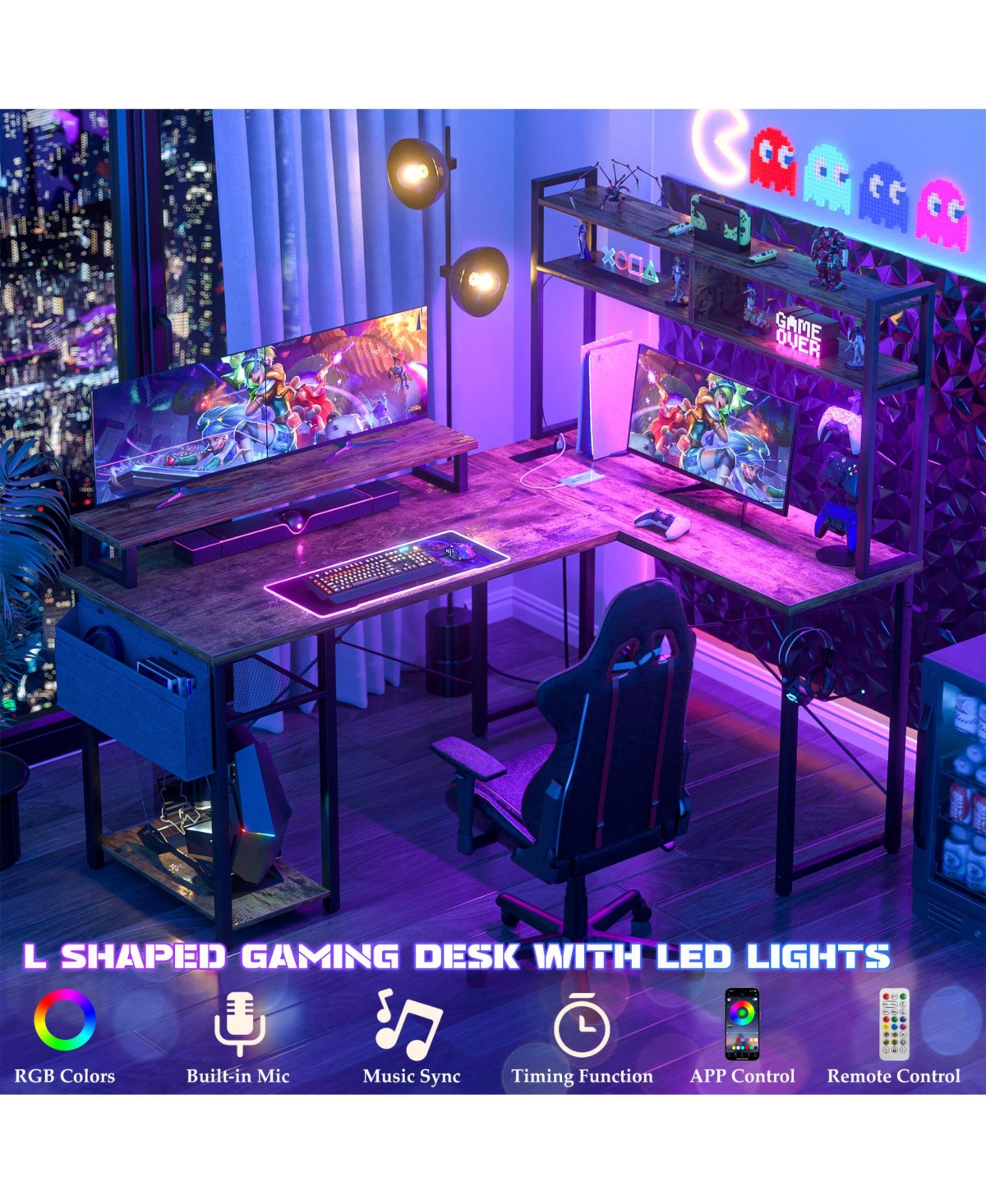 Aheaplus 49'' Small L Shaped Desk with Hutch, Reversible Computer Gaming Outlet and Led Strip