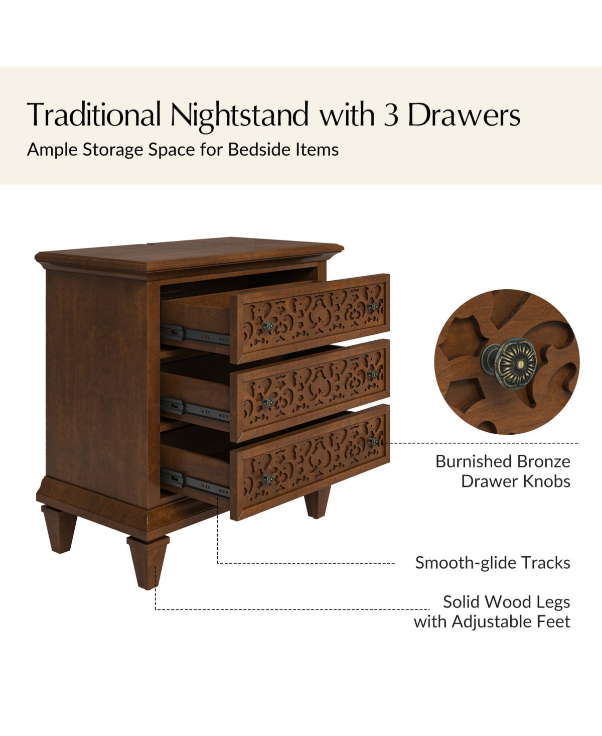 Hulala Home Daniele Transitional 3 - Drawer Nightstand with Built-In Outlets