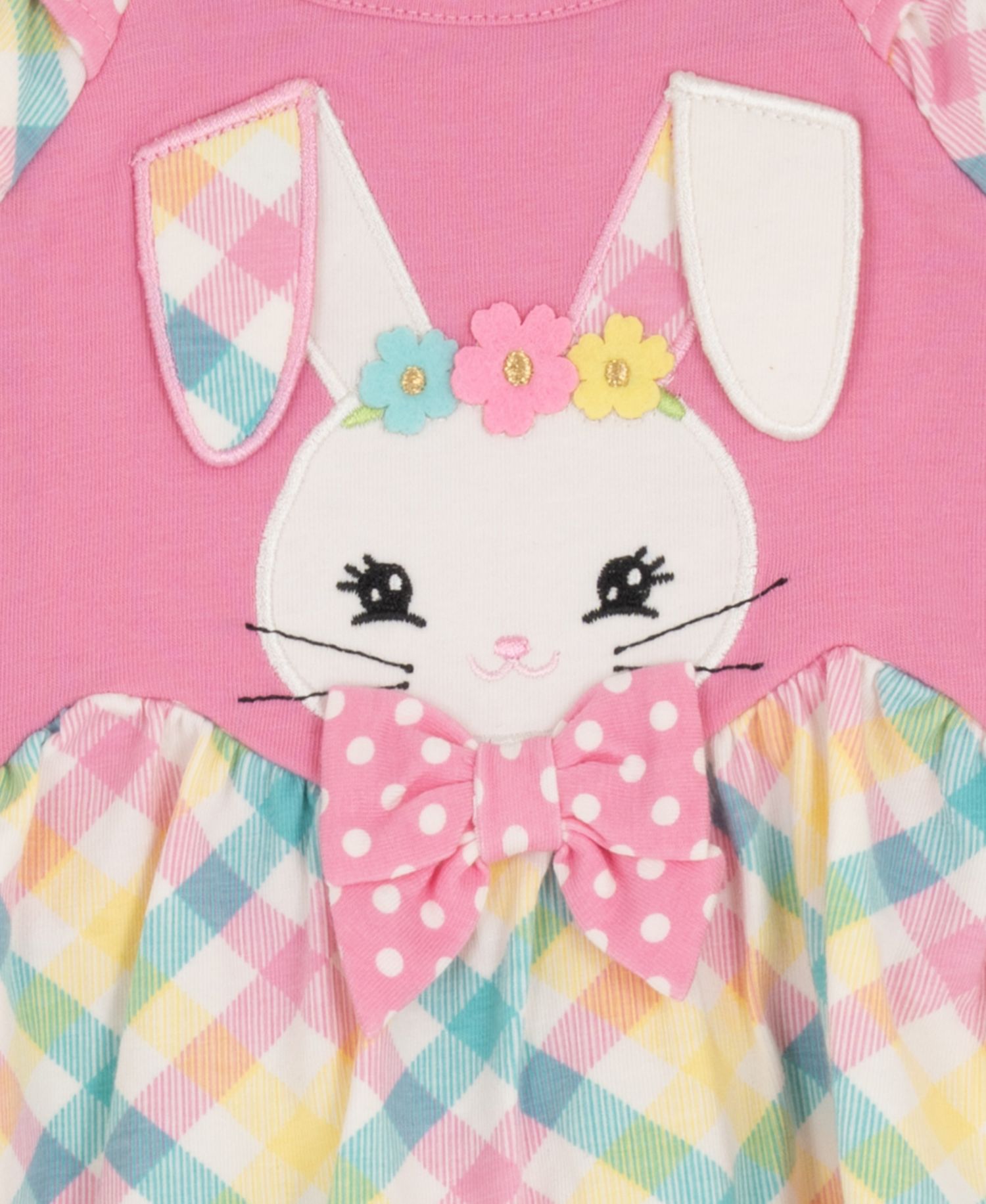 Baby Girls' Bunny Mixed Check Applique Knit Round Neck Top and Polka Dot Leggings, 2-Piece Set