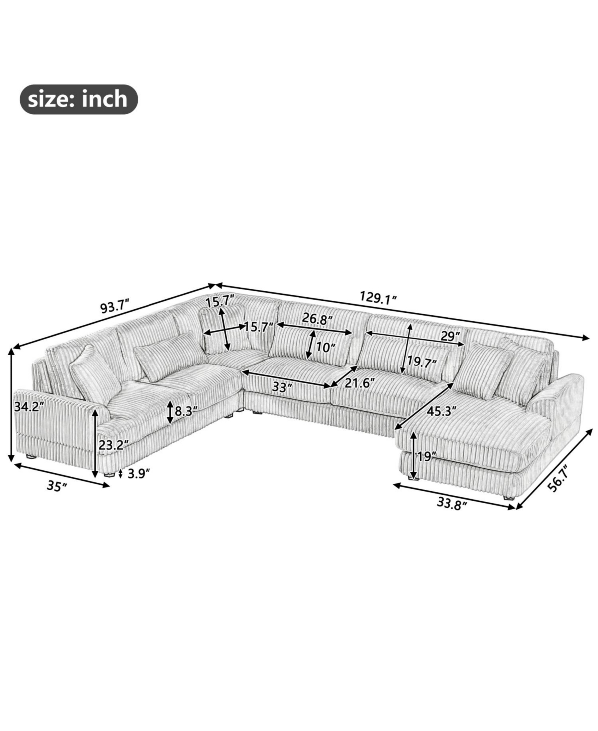 Streamdale 129" U-Shaped Sectional Sofa Corduroy with Chaise