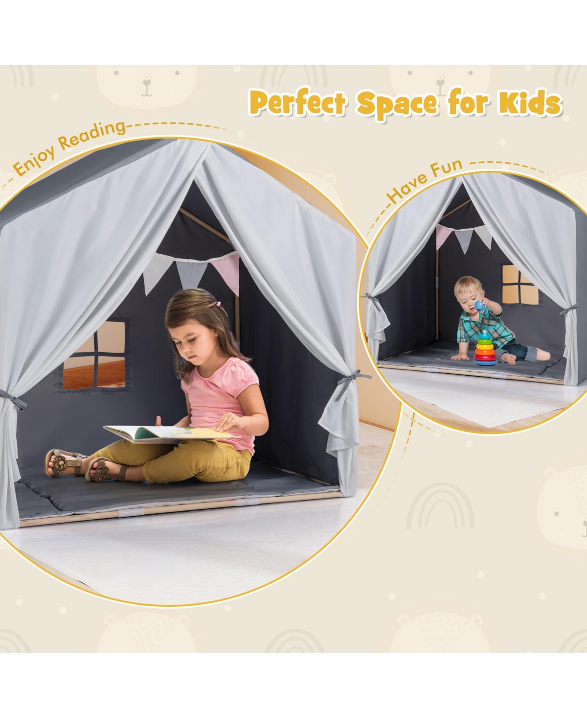 Hongge Kids Teepee Play Tent with Cotton Mat and Decorative Flag Banner