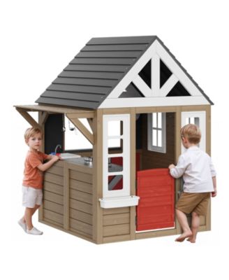 Wooden Playhouse with Kitchen Set and Cedar Construction for Kids Outdoor Play