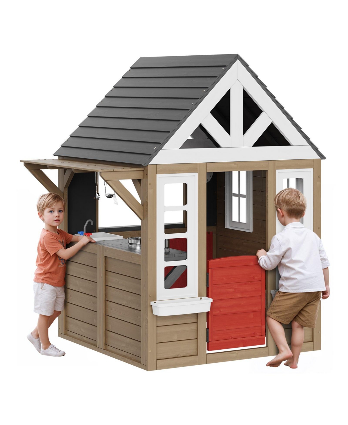 Hongge Wooden Outdoor Playhouse for Kids with Cedar Frame and Play Kitchen