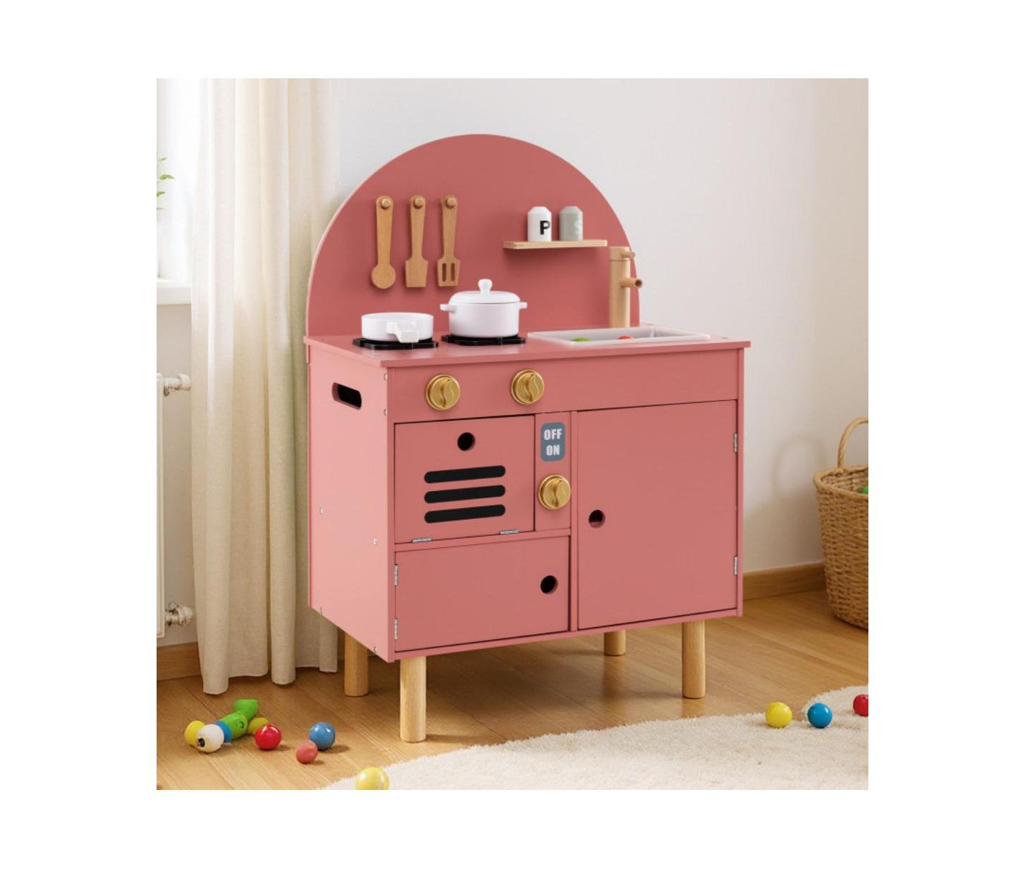 Детские игрушки HONGGE Interactive Cooking Wooden Play Kitchen Set with Built-In Storage, Ages 3+, цвет: Розовый — фото 5