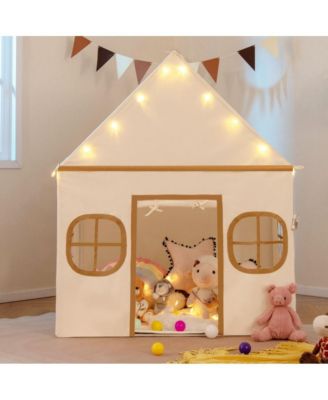 Kids Indoor Play Tent with Windows Star Lights Mat and Storage Pockets
