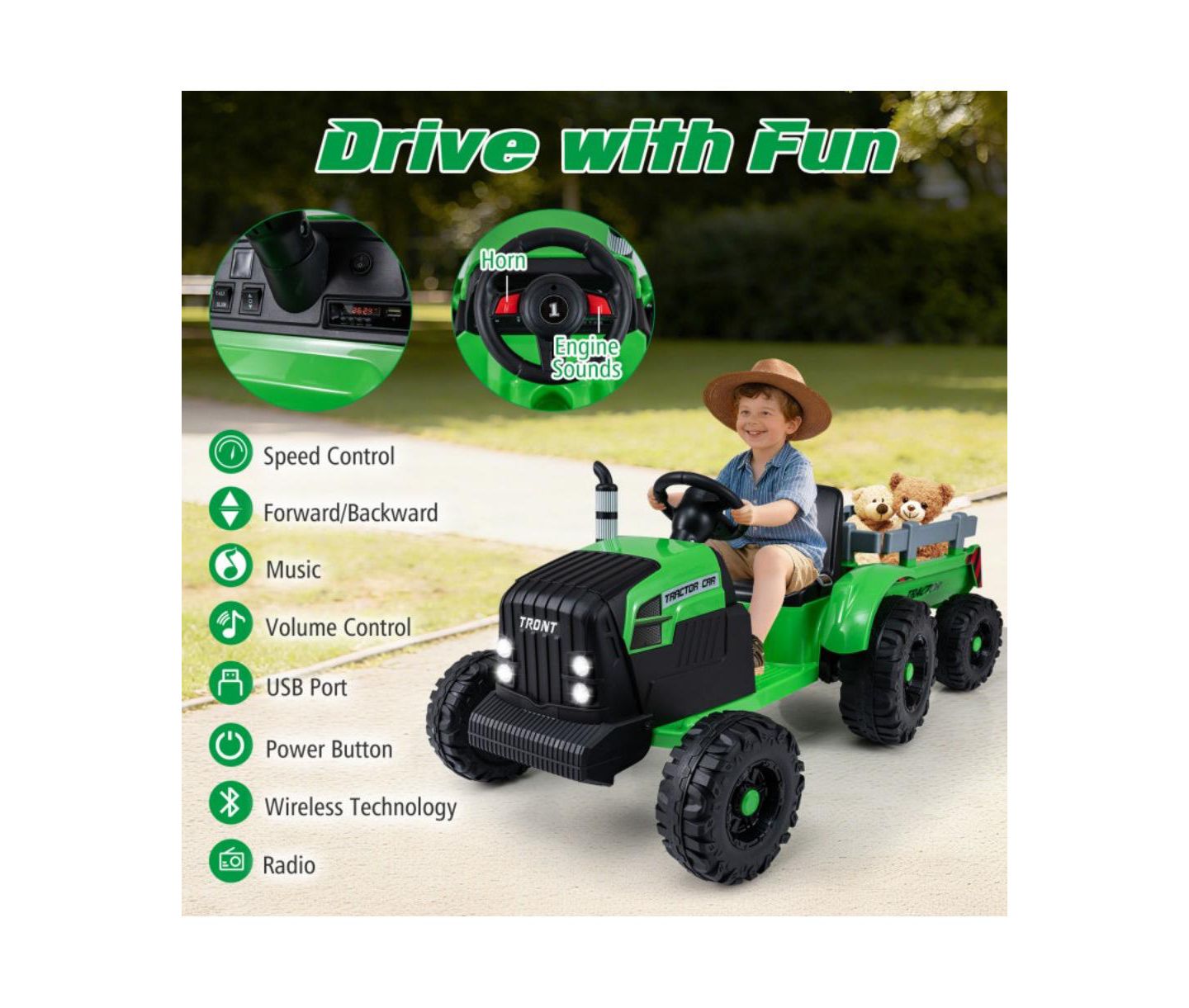 Детская игрушка HONGGE 24V Ride-On Tractor with Detachable Trailer and Remote Control, от 3 лет, цвет: Зелёный — фото 9