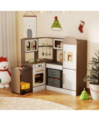 Kids Corner Wooden Play Kitchen with Lights Sounds Retractable Countertop and Storage