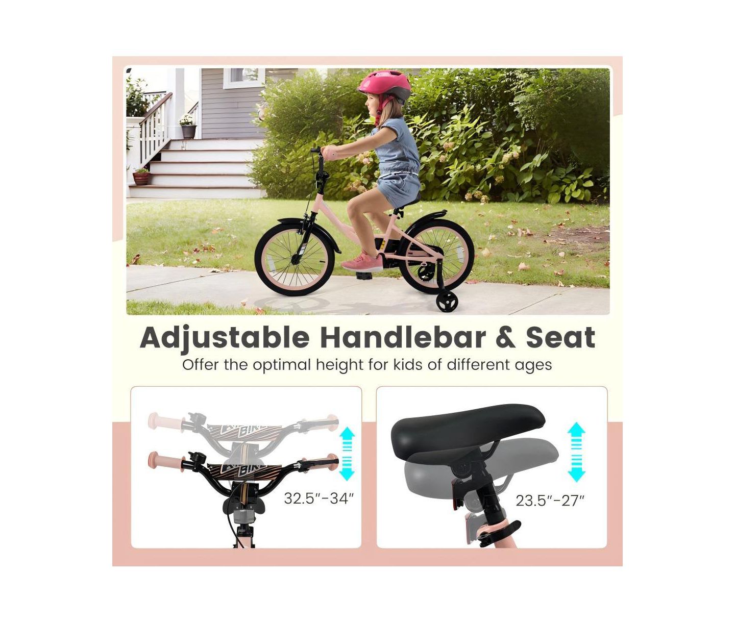 Детская игрушка HONGGE Adjustable Training Bicycle with Dual Brakes and All-Terrain Tires, Ages 3-10, цвет: Розовый — фото 6