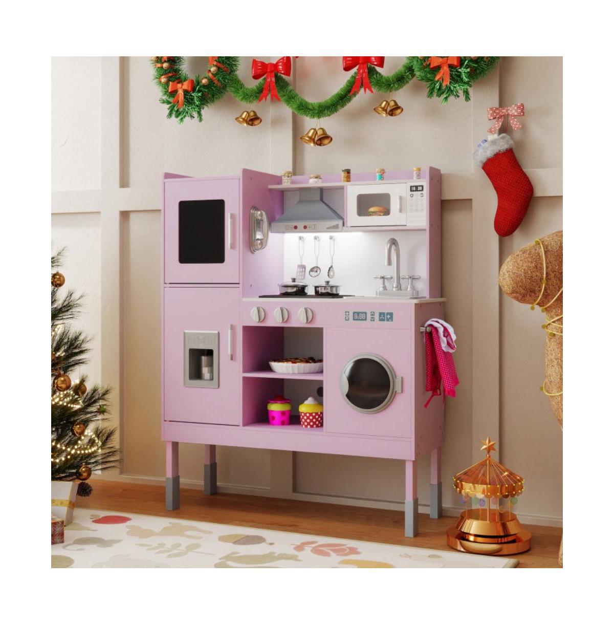 Hongge Kids Play Kitchen with Range Hood Ice Maker and Telephone