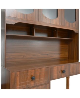47" Retro Desk with Hutch, Charging, Drawers & Glass-Door Bookshelf, Walnut