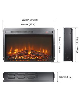 26 inch electric fireplace insert, ultra thin heater with log set & realistic flame, remote control with timer, overheating protection