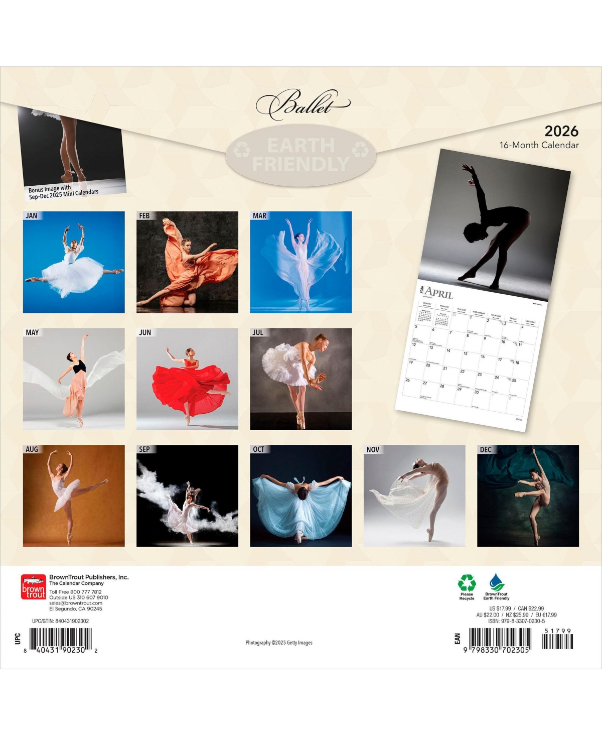 BrownTrout Ballet | 2026 12 x 24 Inch (Hanging) Monthly Square Wall Calendar