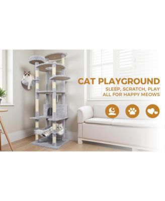 78.8 Light Gray Cat Tree Wide Base Large Condo 12 Sisal Posts Hammock Top Platform Interactive Toy